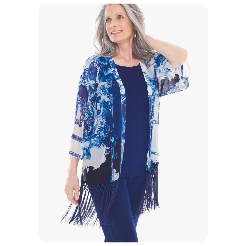 * NWT Chico’s Travelers Collection Blue Floral Patchwork Fringe Duster Kimono